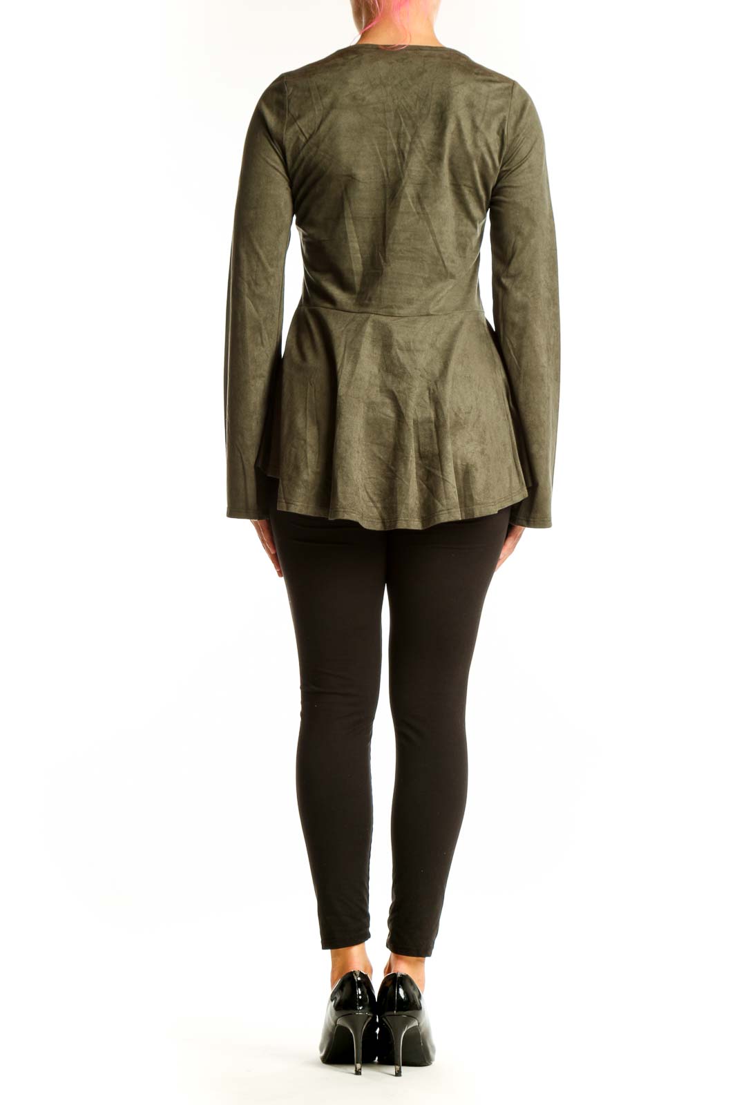 Side view of olive suede peplum top showing bell sleeves and peplum waist