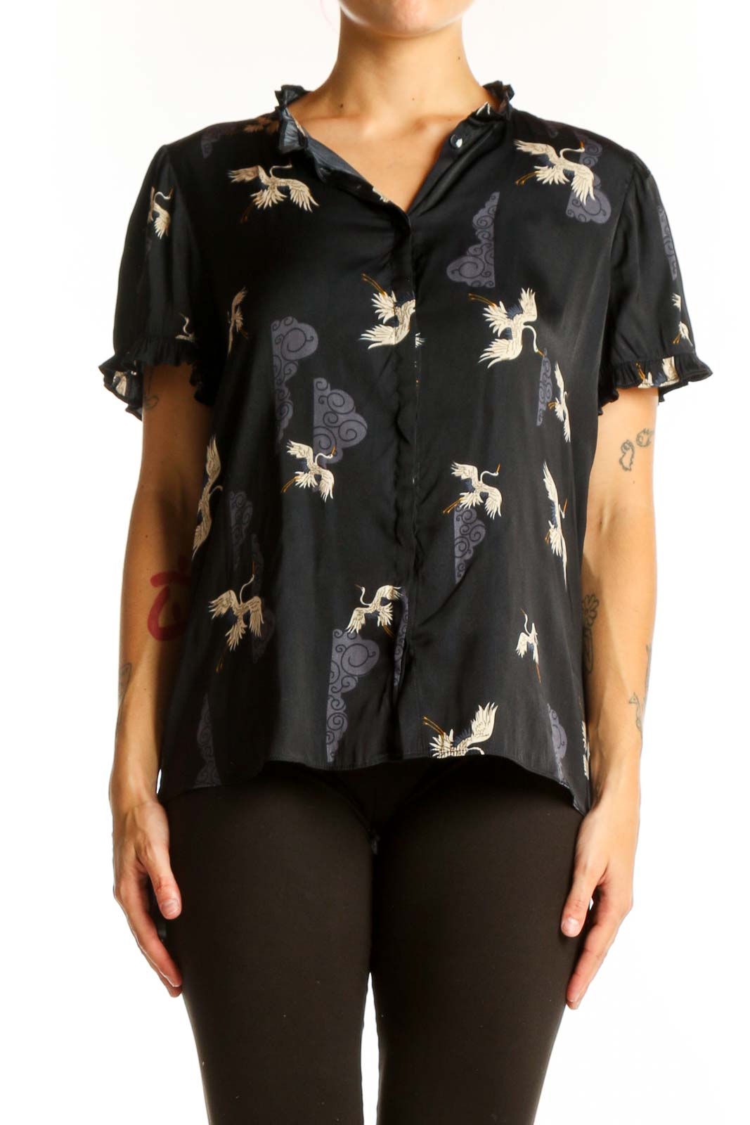 Front view of Tahari black polyester blouse with crane print and flutter sleeves