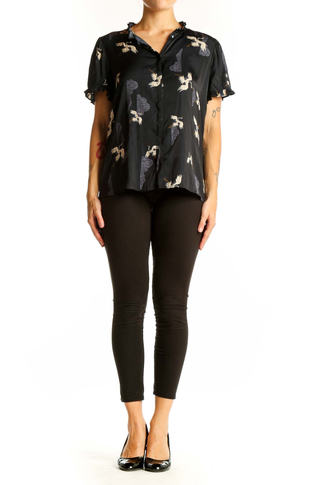 Front view of Tahari black polyester blouse with crane print and flutter sleeves