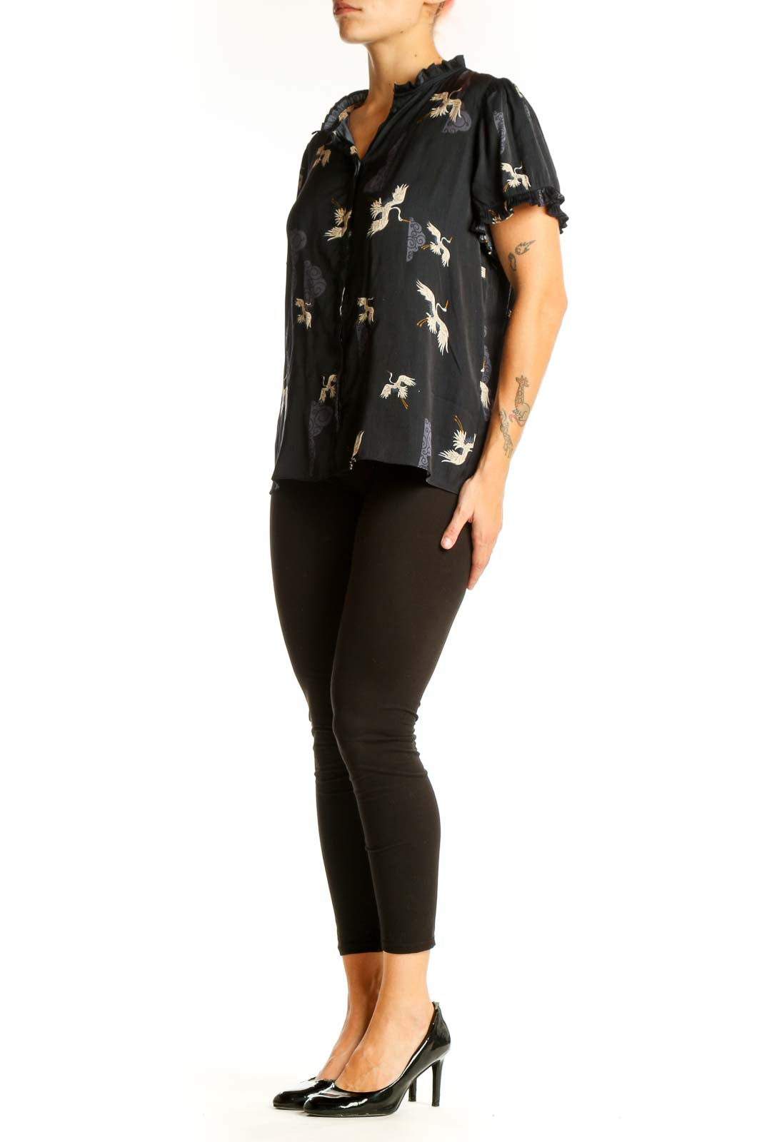 Front view of Tahari black polyester blouse with crane print and flutter sleeves