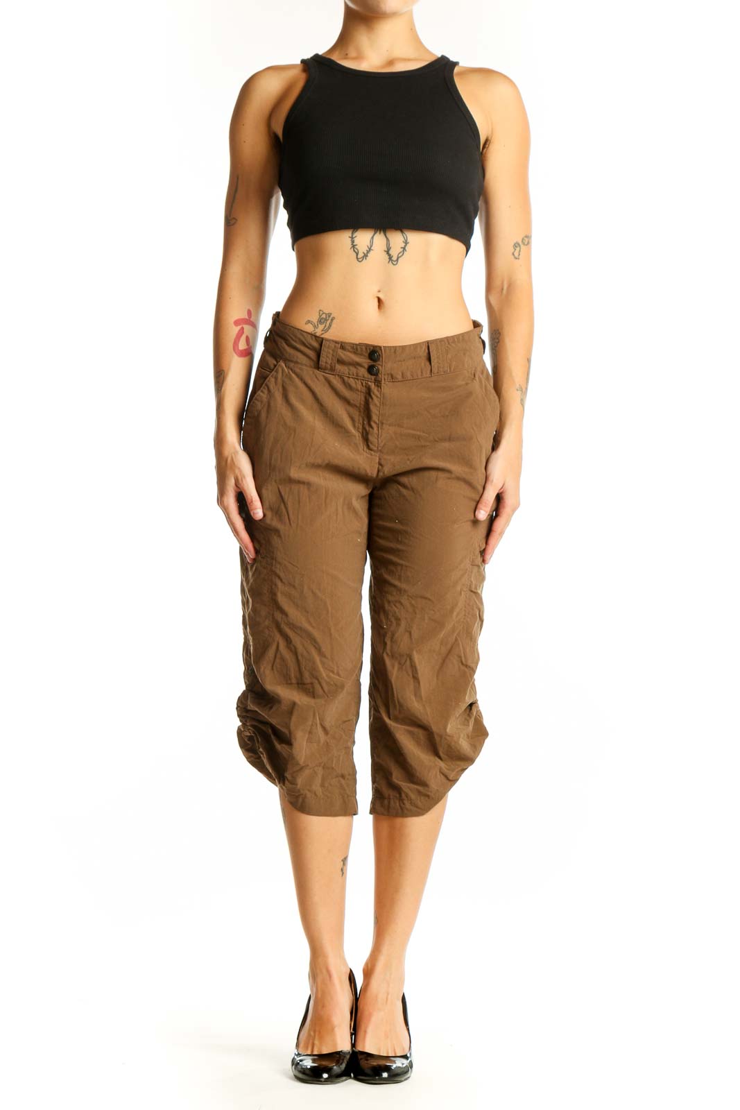 Front view of brown nylon capri pants from Exofficio