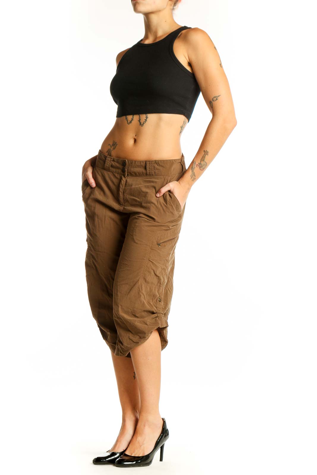 Front view of brown nylon capri pants from Exofficio