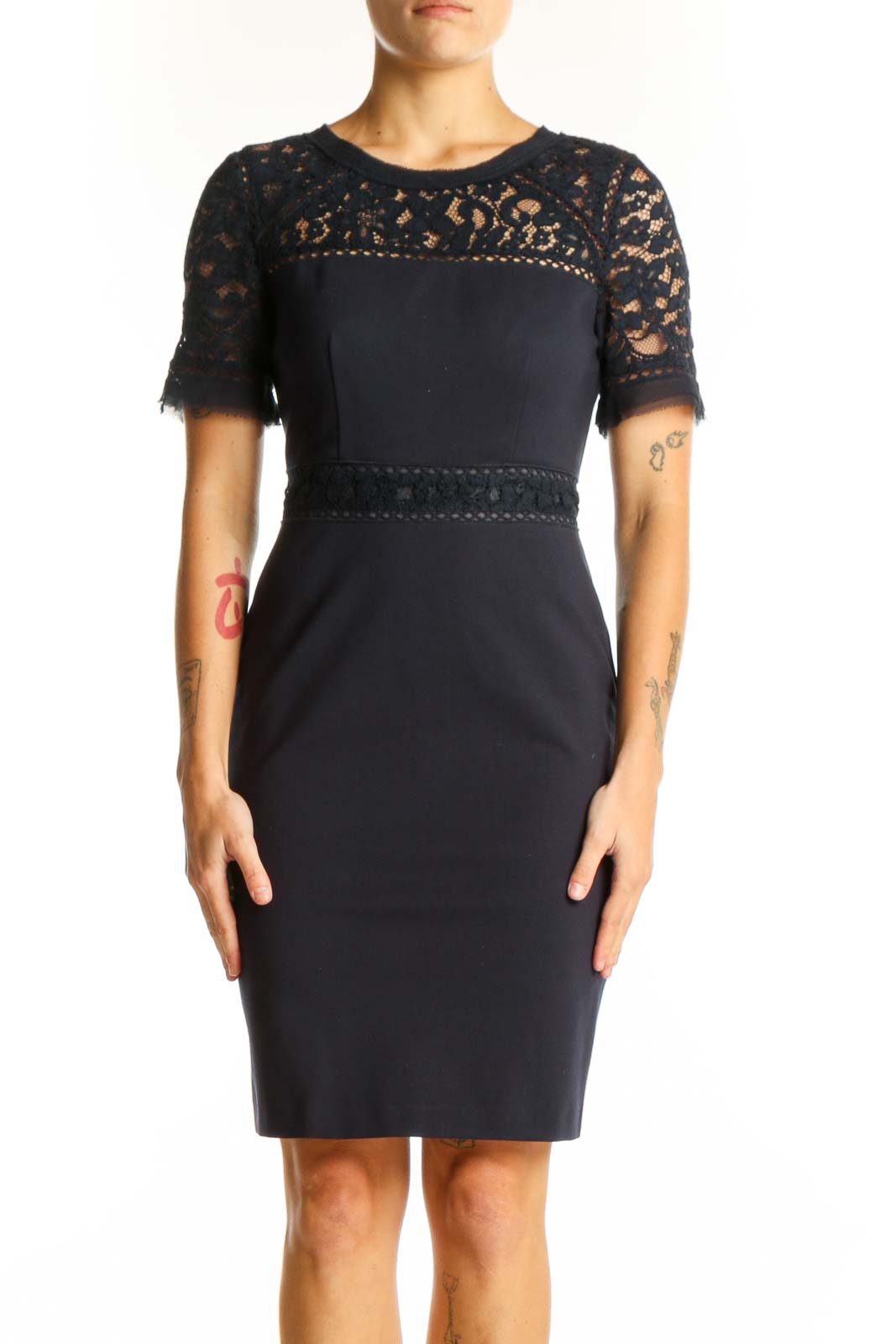 Front view of Rebecca Taylor navy sheath dress with lace yoke and sleeves