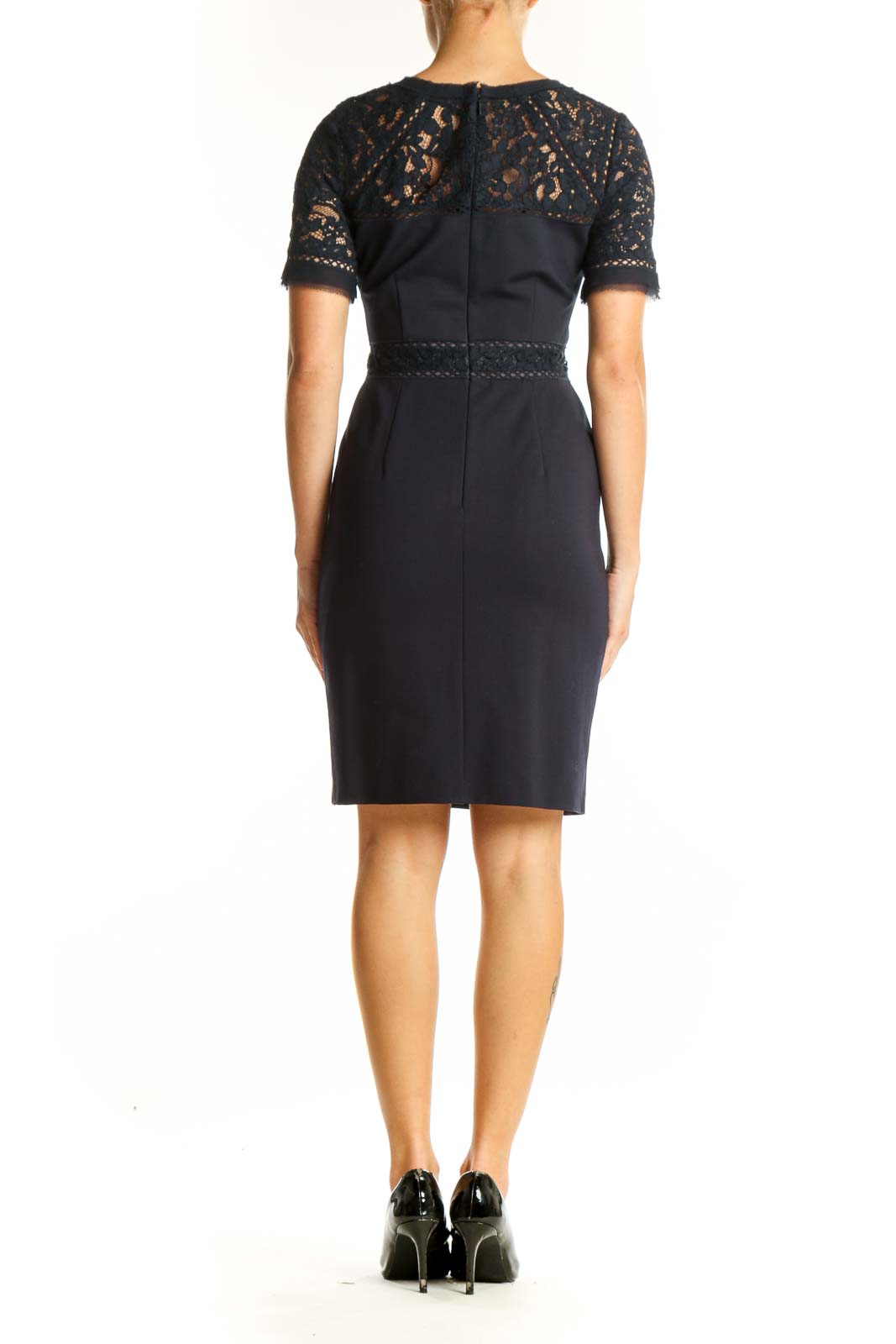 Side view of Rebecca Taylor navy sheath dress showing fitted silhouette
