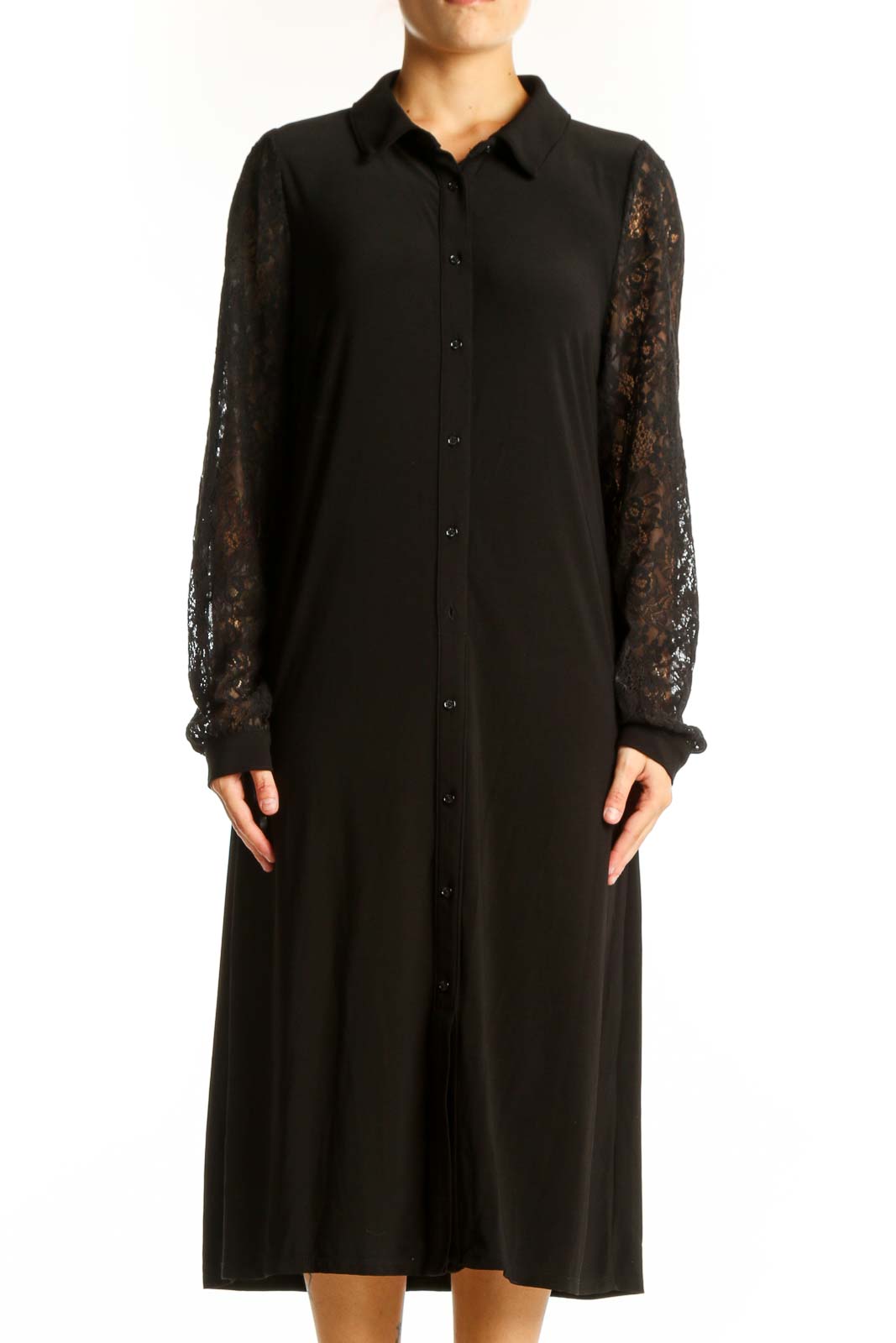 Front view of Tommy Hilfiger black midi dress with lace sleeves and button-down front
