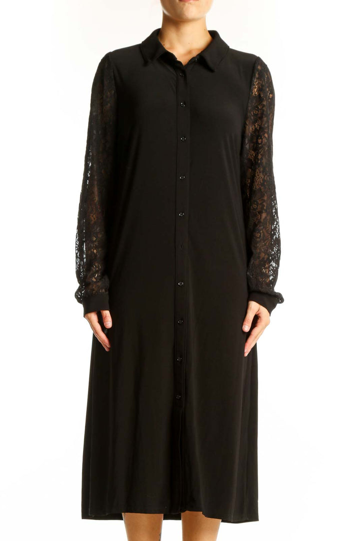 Front view of Tommy Hilfiger black midi dress with lace sleeves and button-down front