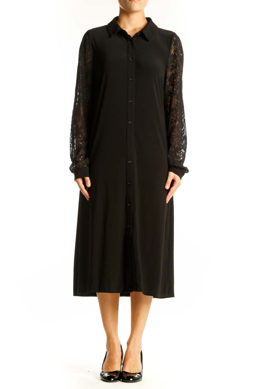 Front view of Tommy Hilfiger black midi dress with lace sleeves and button-down front