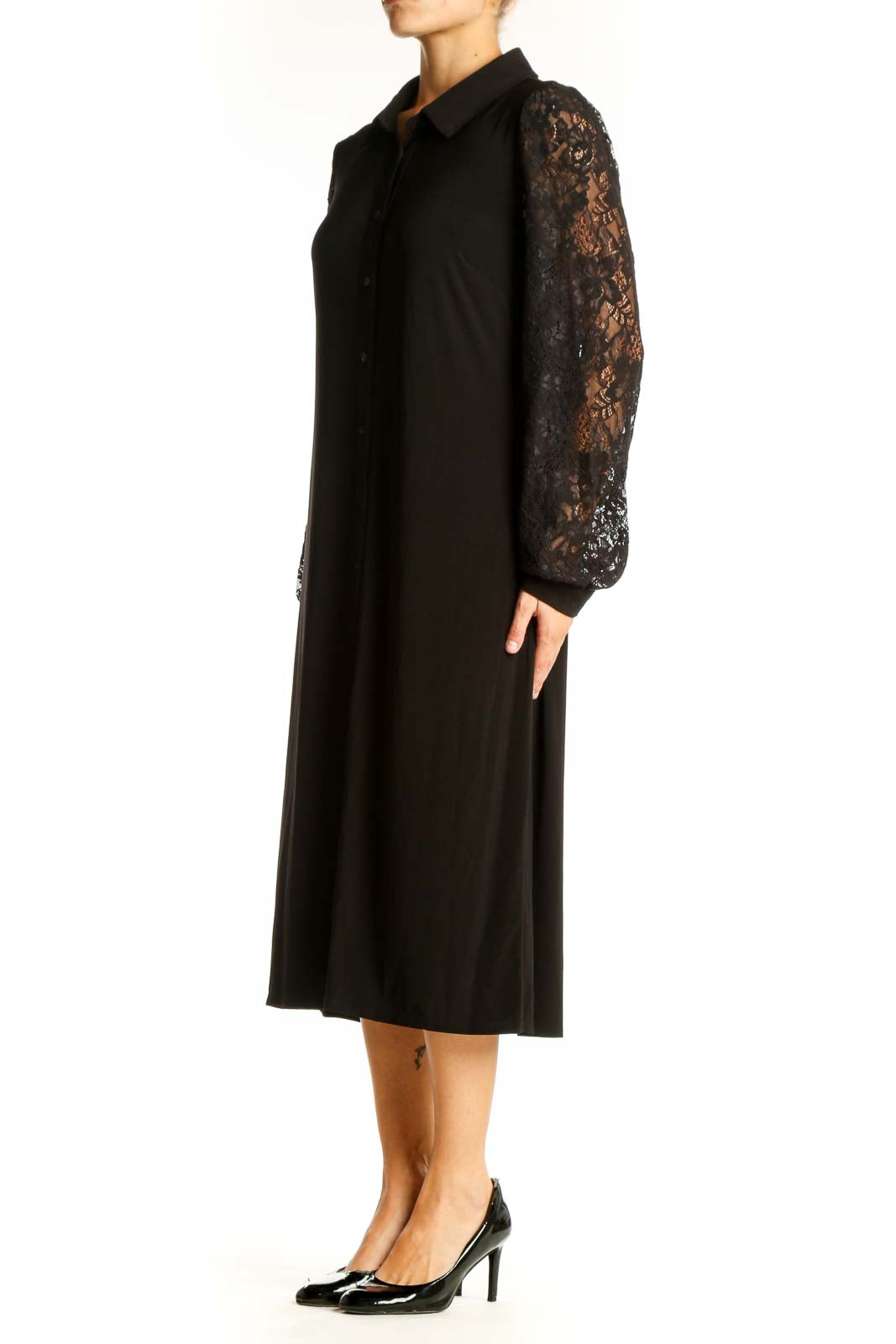 Front view of Tommy Hilfiger black midi dress with lace sleeves and button-down front