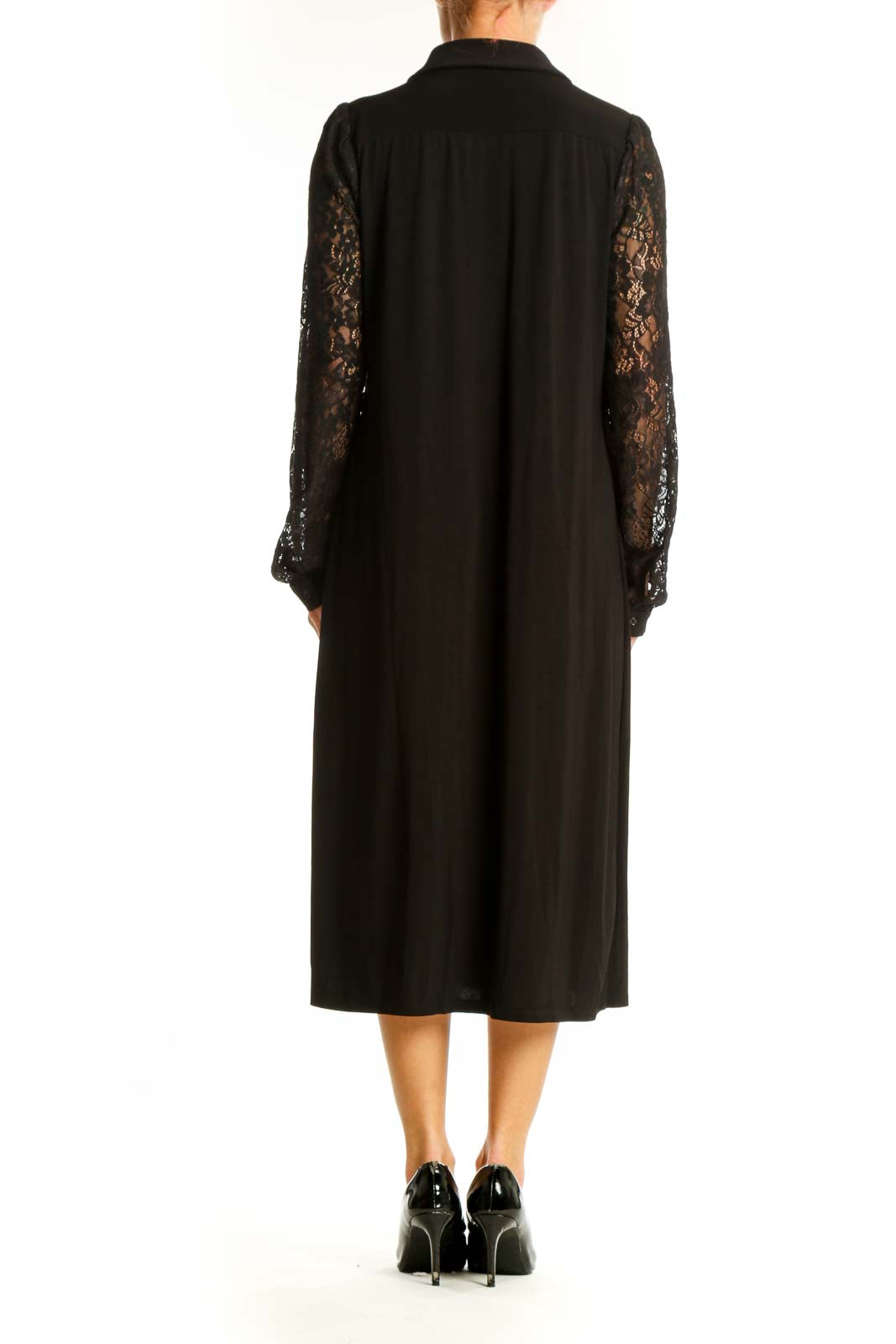 Side view of Tommy Hilfiger black midi dress showing lace sleeve detail