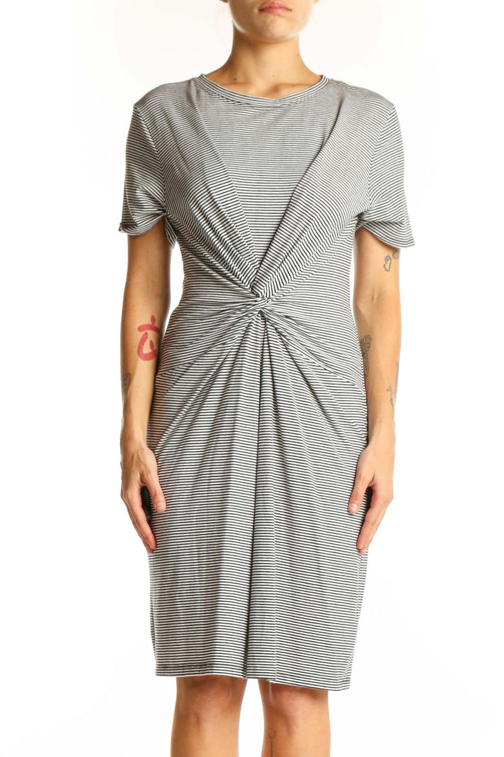 Front view of gray striped twist-front Theory dress