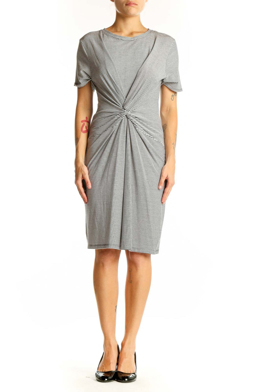 Front view of gray striped twist-front Theory dress