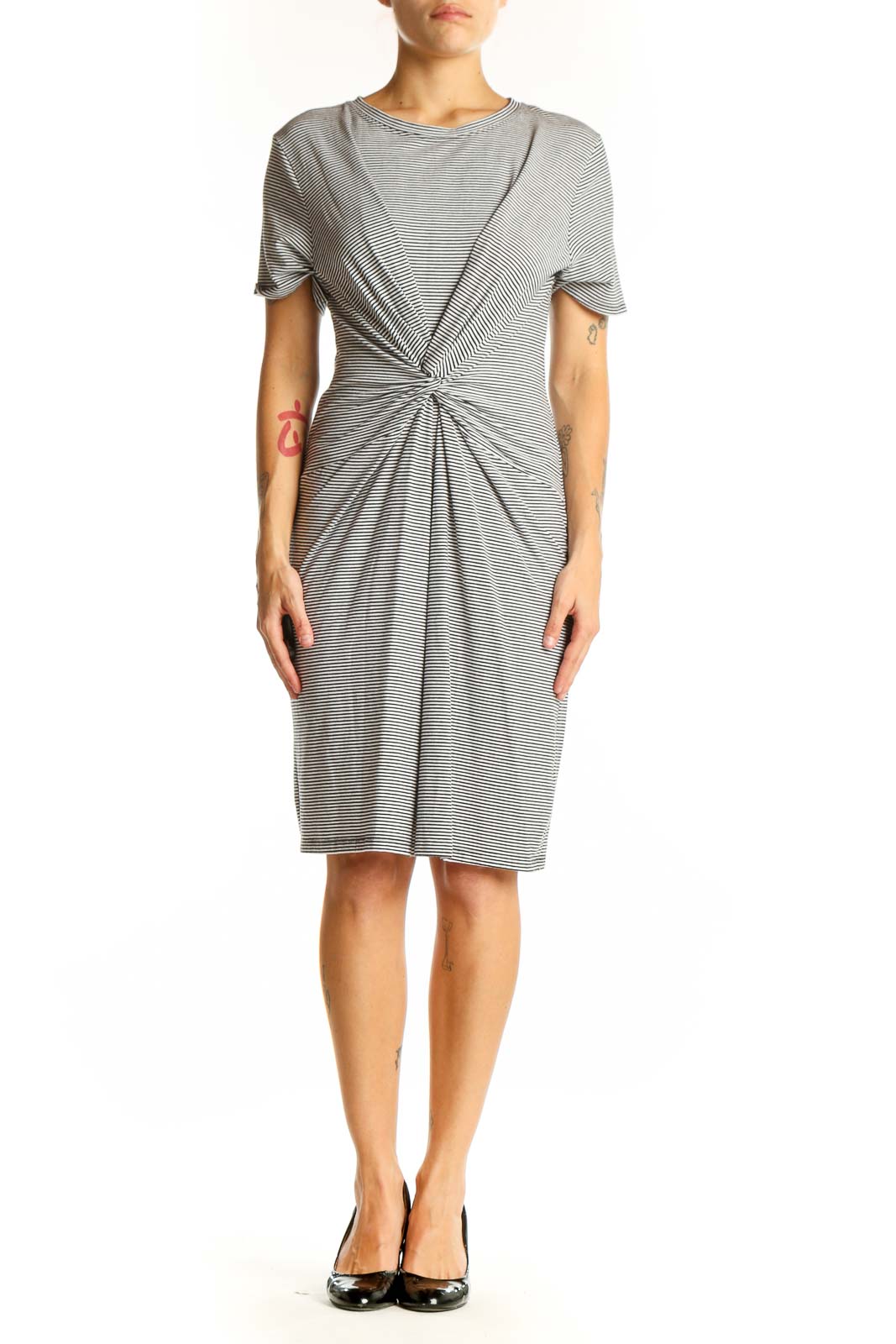 Front view of gray striped twist-front Theory dress