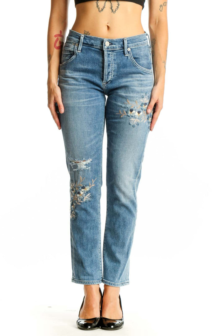 Front view of Citizens of Humanity blue embroidered straight leg jeans with distressing