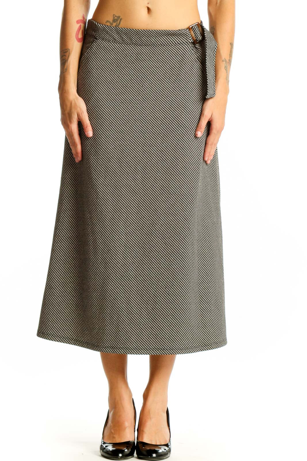 Front view of Max Studio gray diagonal striped midi skirt