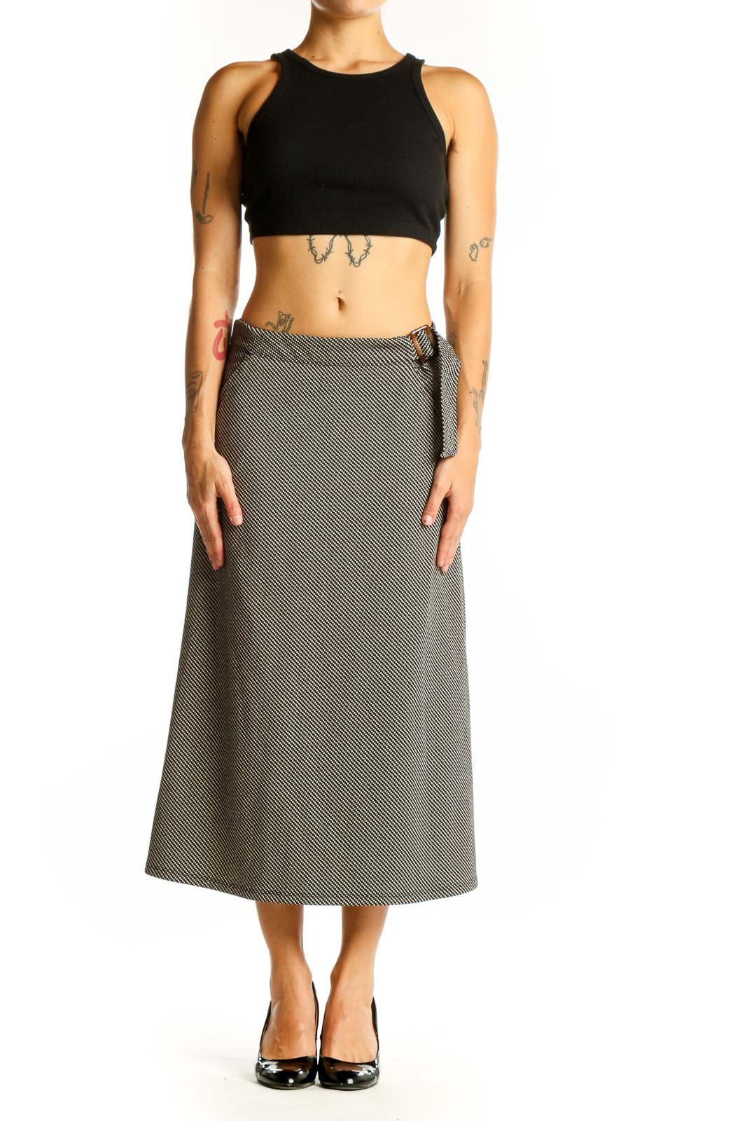 Front view of Max Studio gray diagonal striped midi skirt