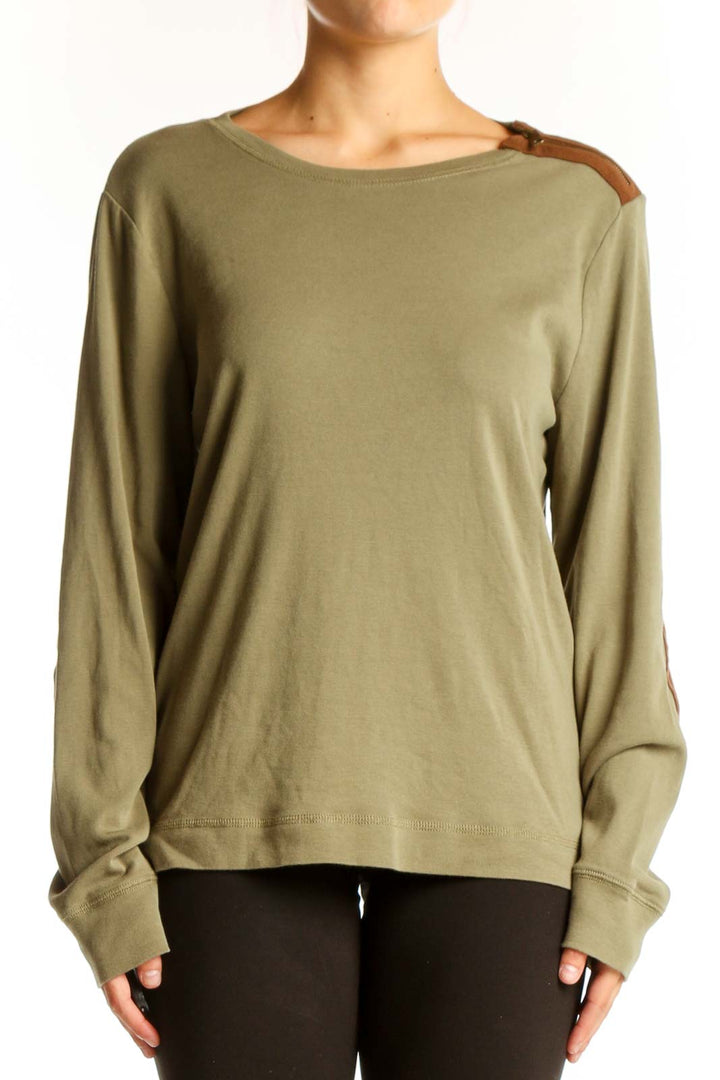 Front view of olive green Lauren Ralph Lauren long sleeve top with leather shoulder patch