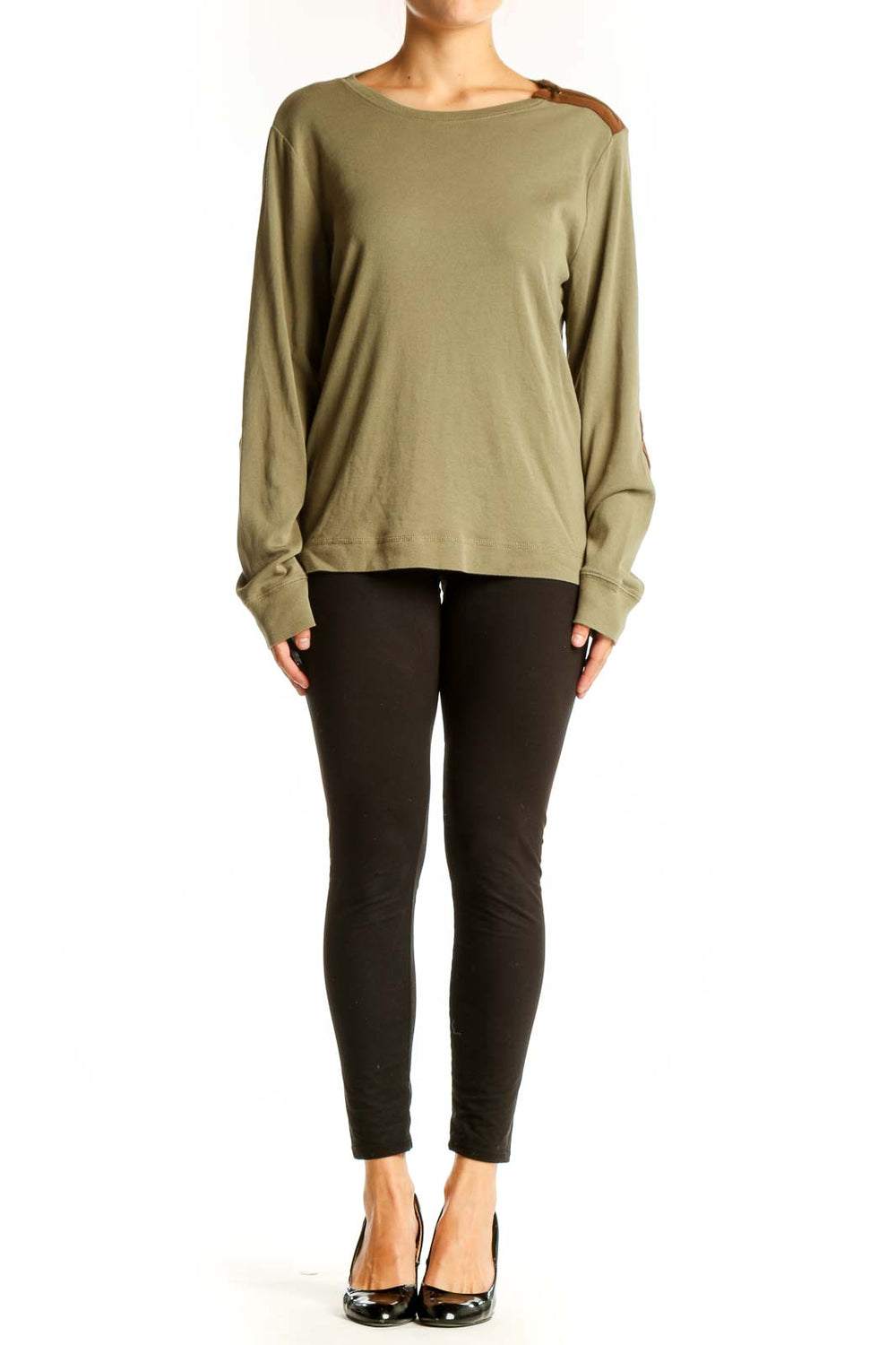Front view of olive green Lauren Ralph Lauren long sleeve top with leather shoulder patch