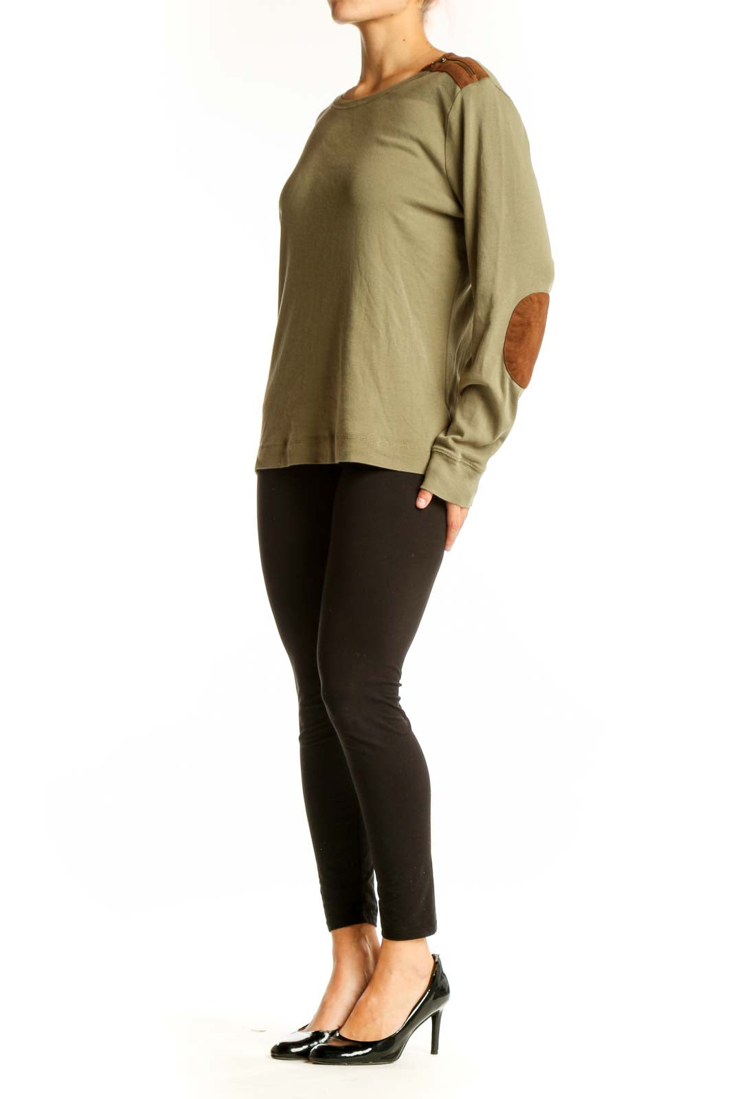 Front view of olive green Lauren Ralph Lauren long sleeve top with leather shoulder patch