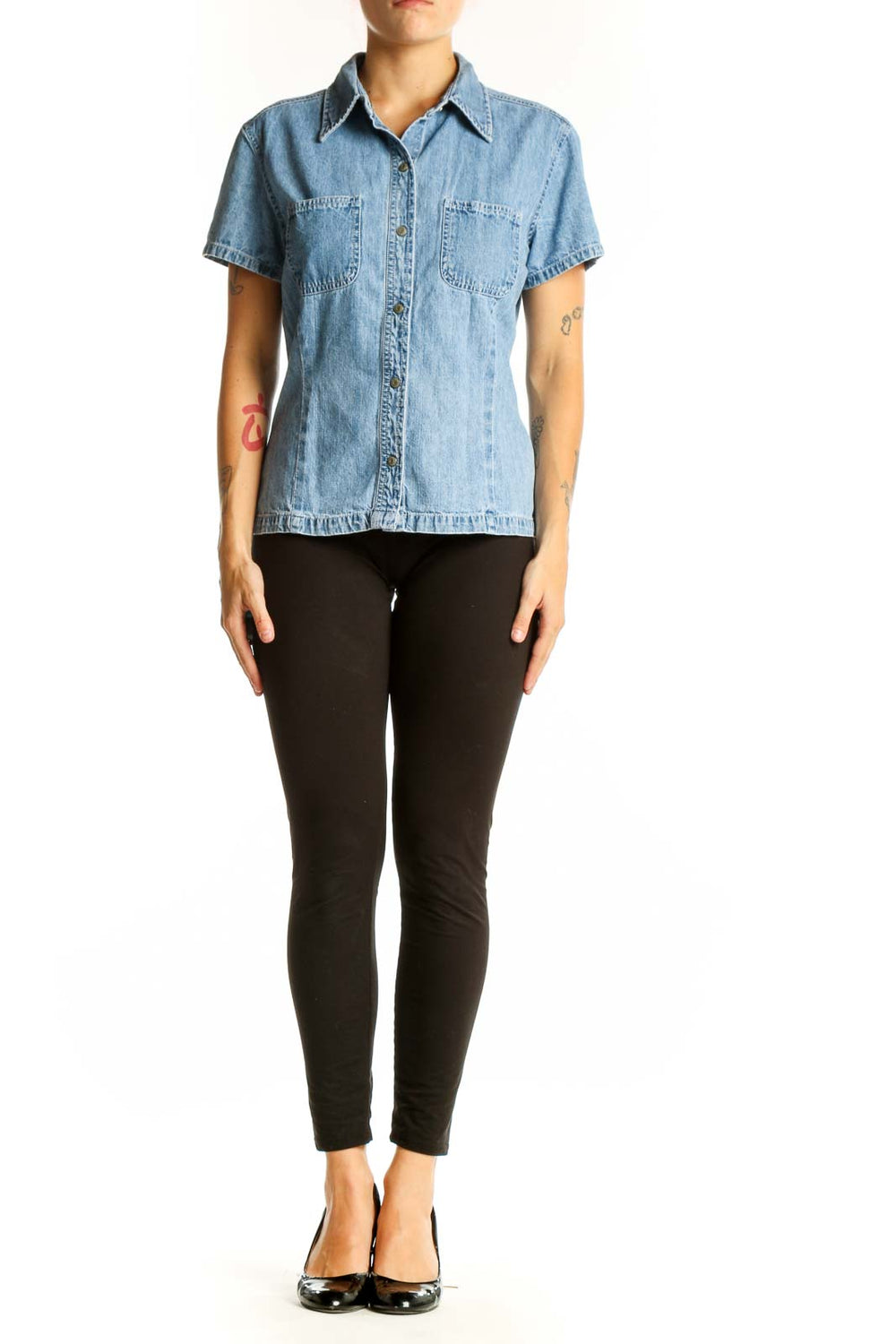 Front view of Gap light blue denim short-sleeve button-up shirt