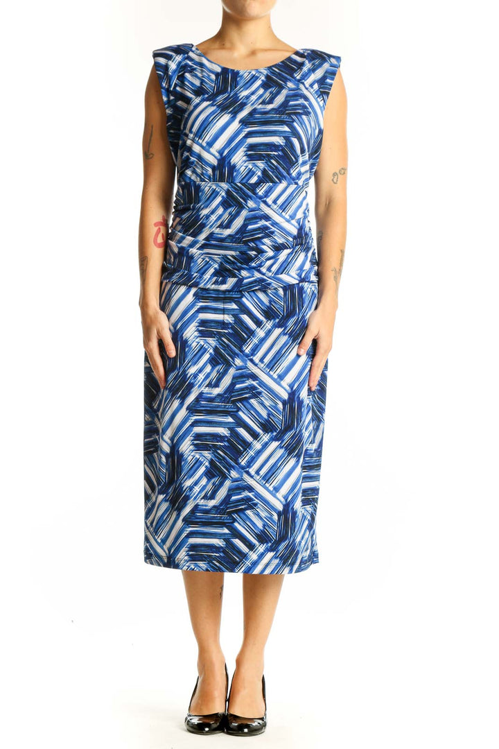 Front view of Nine West Blue Geometric Print Midi Dress