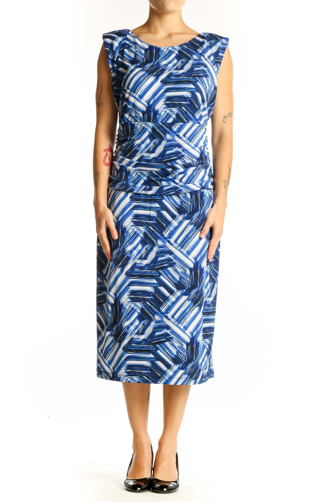 Front view of Nine West Blue Geometric Print Midi Dress
