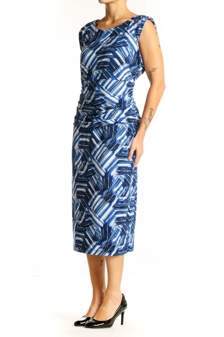 Front view of Nine West Blue Geometric Print Midi Dress