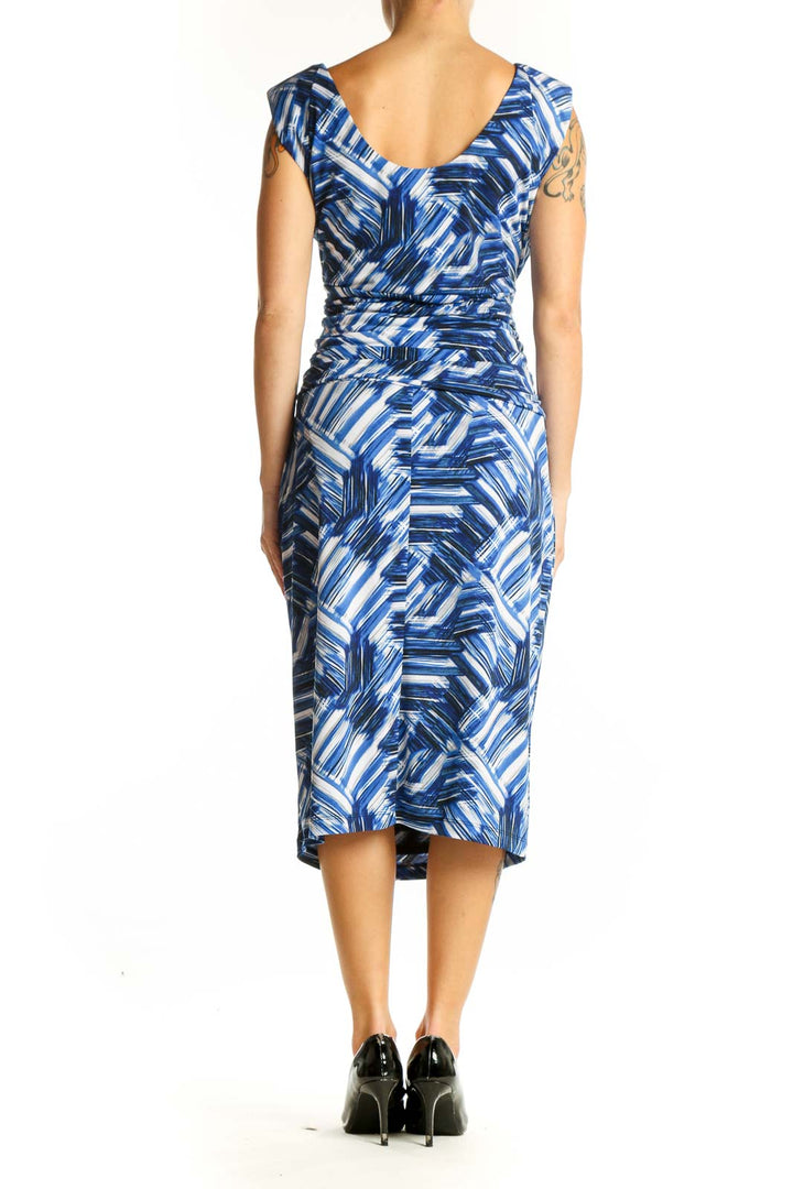 Side view of Nine West Blue Geometric Print Midi Dress