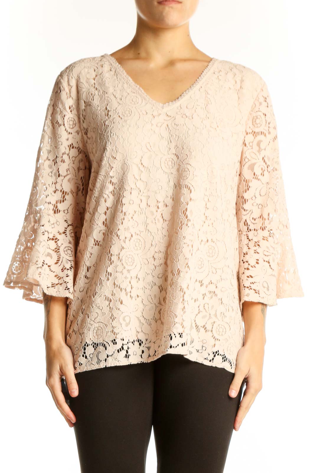 Front view of blush lace bell sleeve V-neck blouse from LOFT Outlet