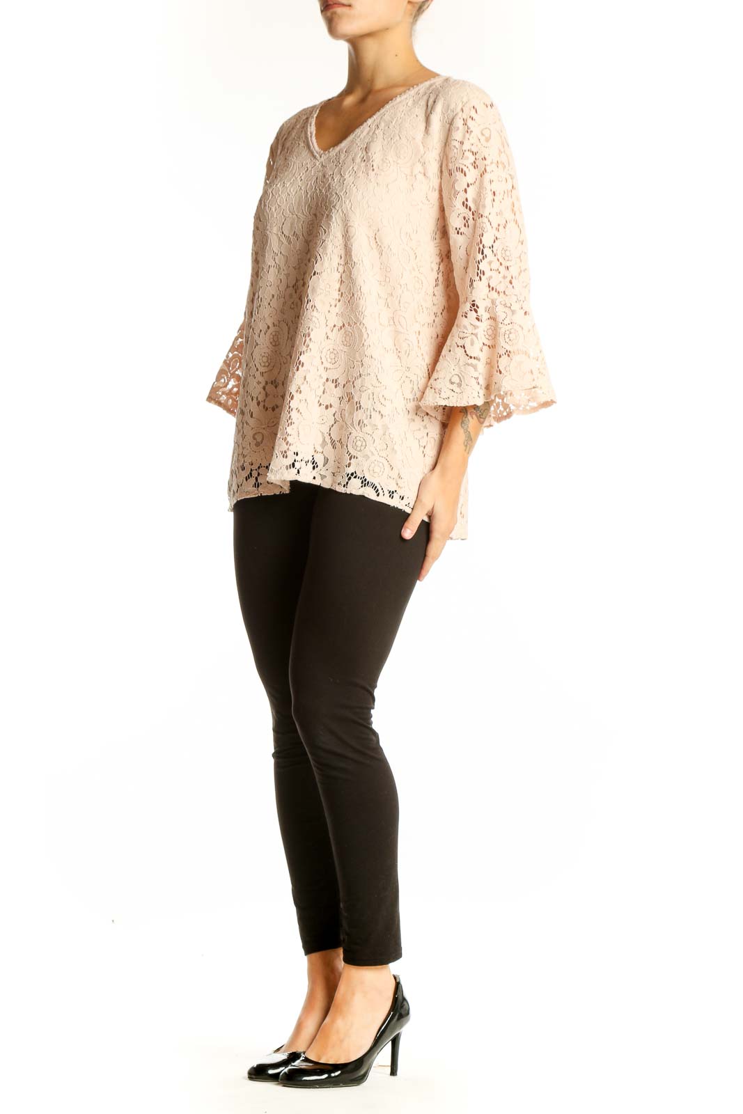 Front view of blush lace bell sleeve V-neck blouse from LOFT Outlet