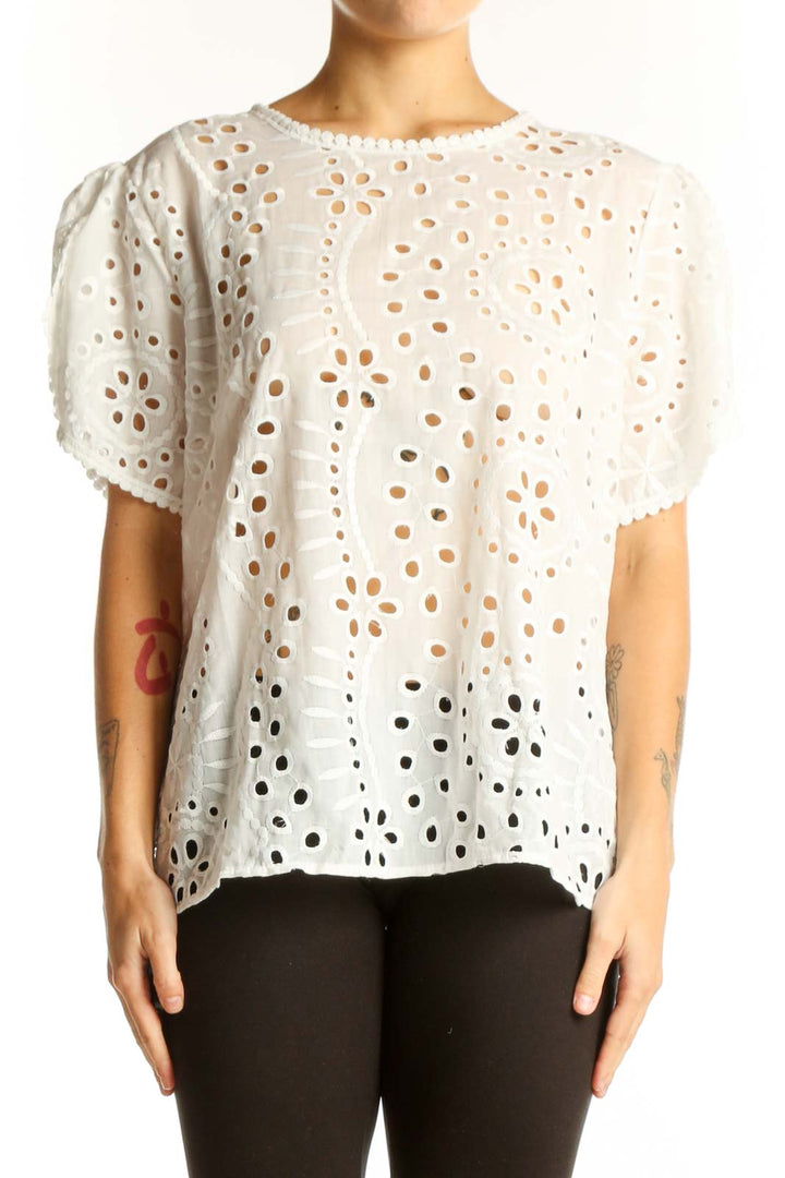 Front view of white eyelet lace short sleeve top by SilkRoll