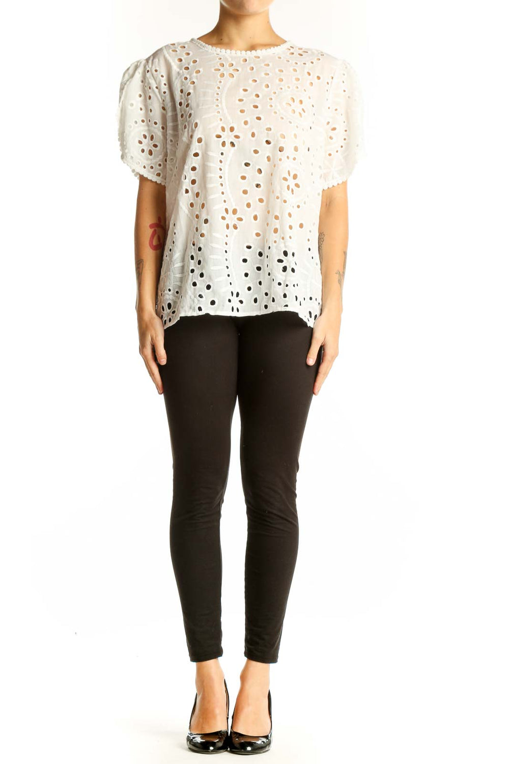 Front view of white eyelet lace short sleeve top by SilkRoll