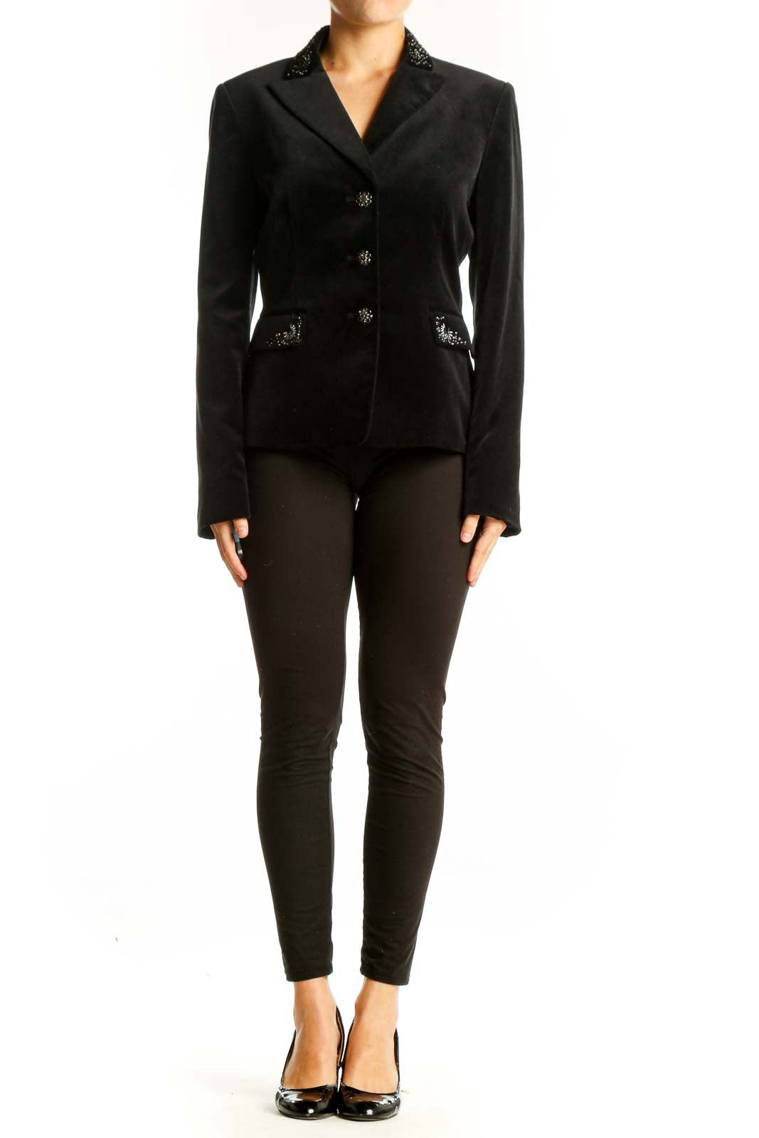Front view of black Tahari blazer with embellished collar and pockets