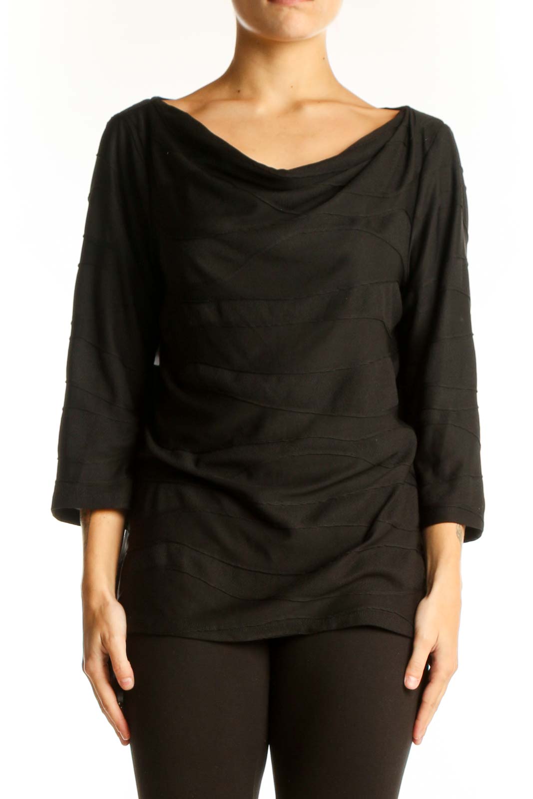 Front view of Ann Taylor black draped cowl neck top with 3/4 sleeves