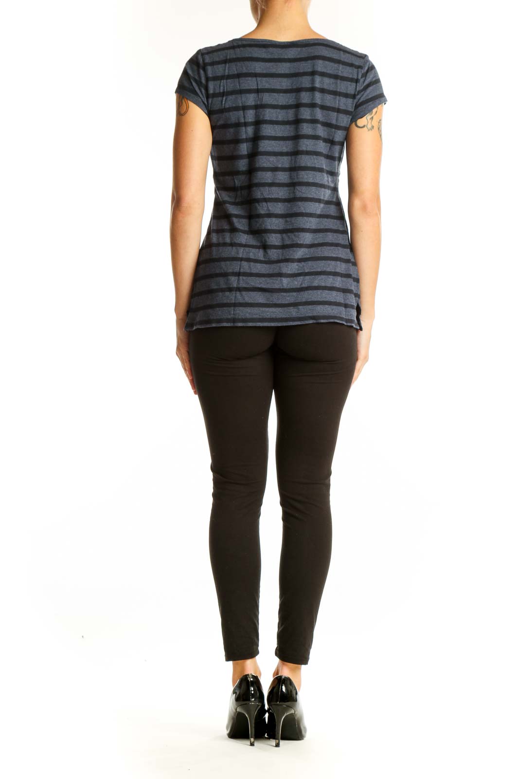 Side view of Ann Taylor gray striped top showing fitted silhouette