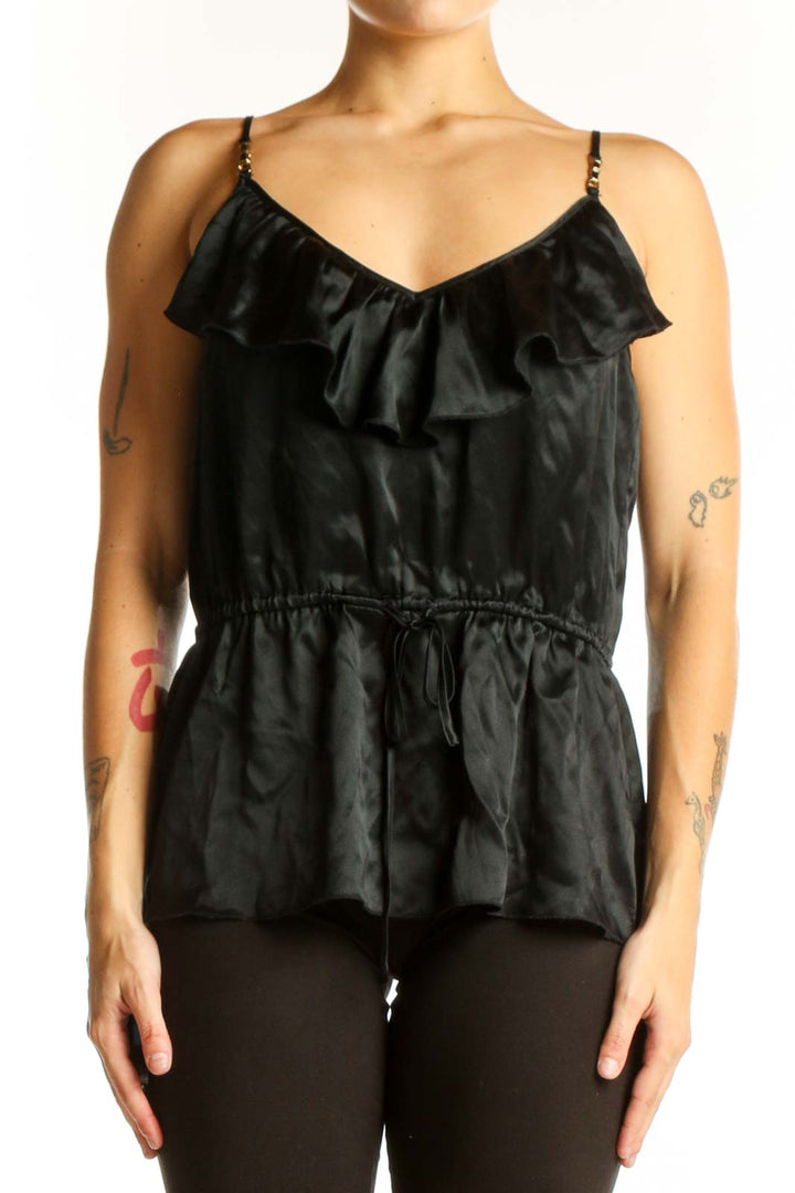 Front view of Trina Turk black silk camisole top with ruffled V-neckline