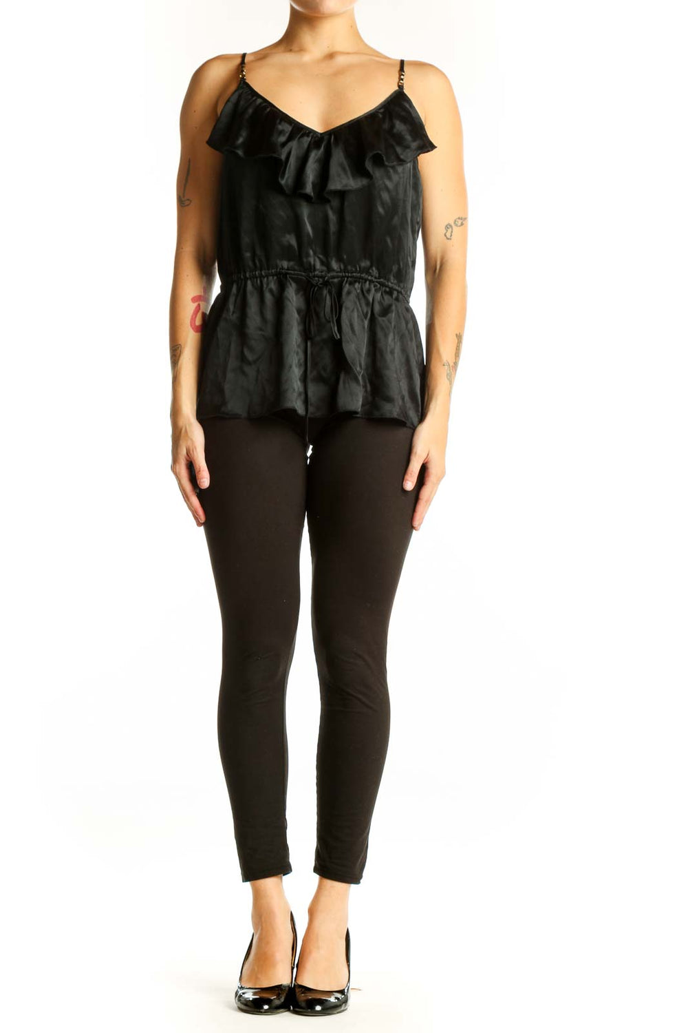 Front view of Trina Turk black silk camisole top with ruffled V-neckline