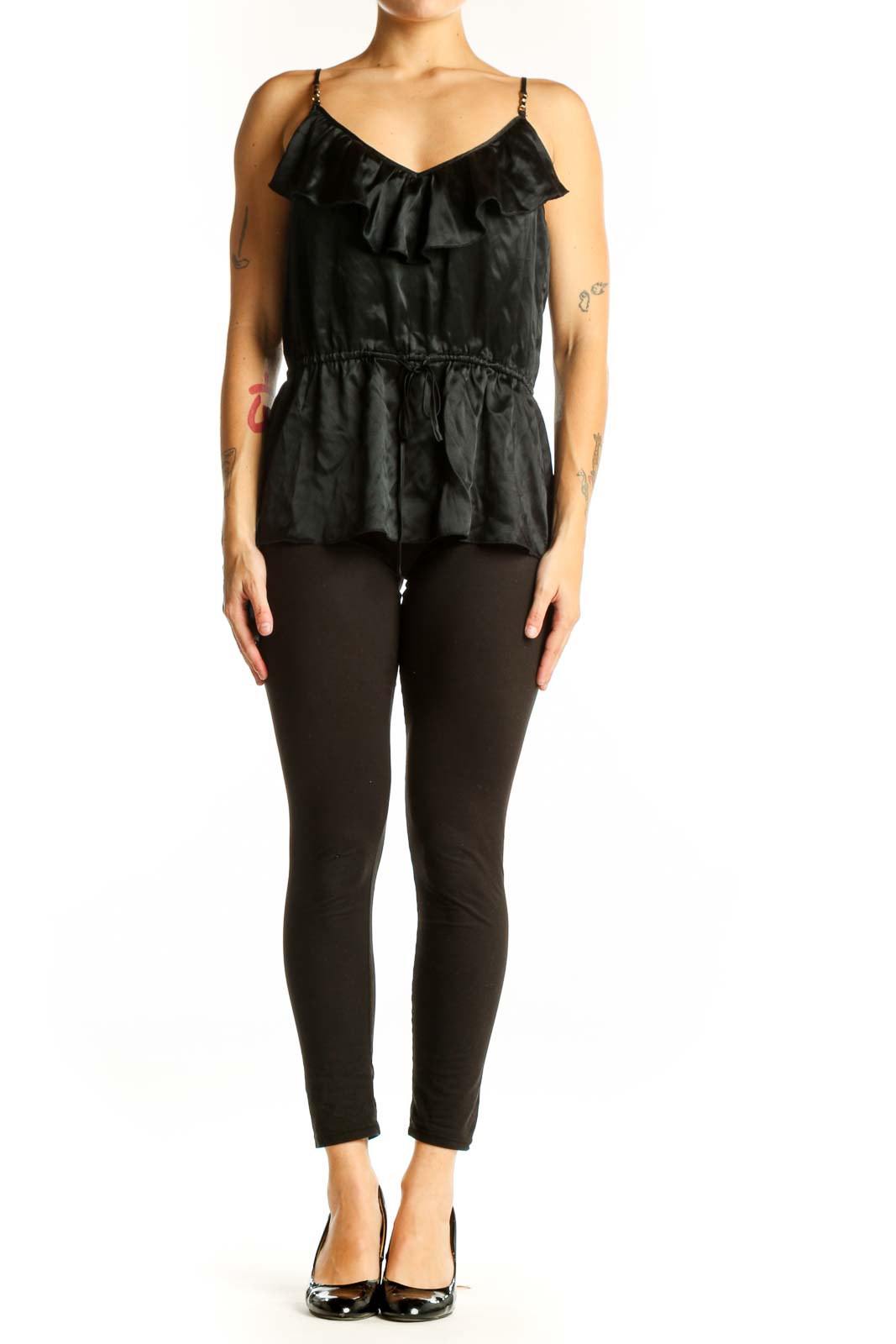 Front view of Trina Turk black silk camisole top with ruffled V-neckline