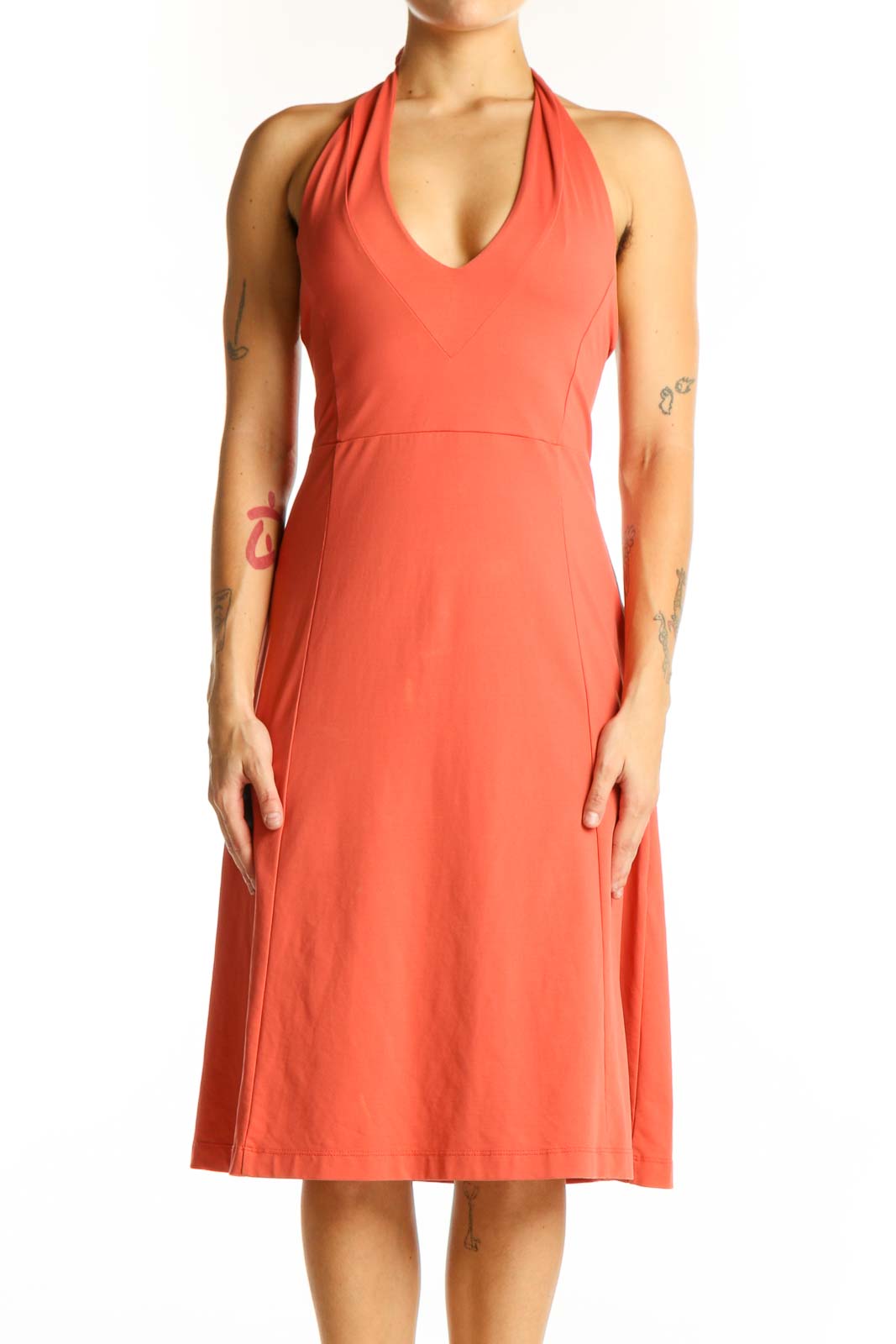 Front view of coral Patagonia halter neck A-line dress