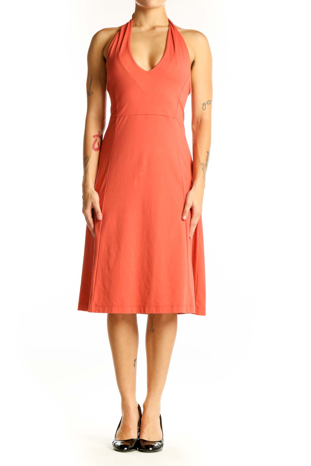 Front view of coral Patagonia halter neck A-line dress