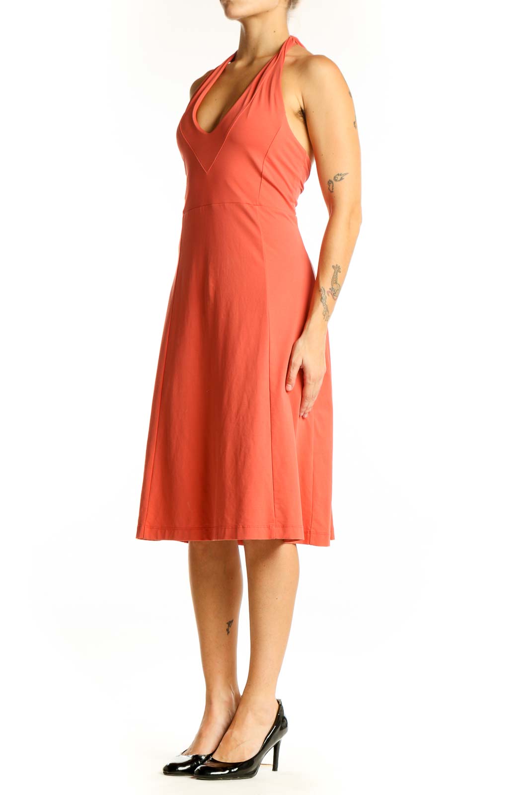 Front view of coral Patagonia halter neck A-line dress