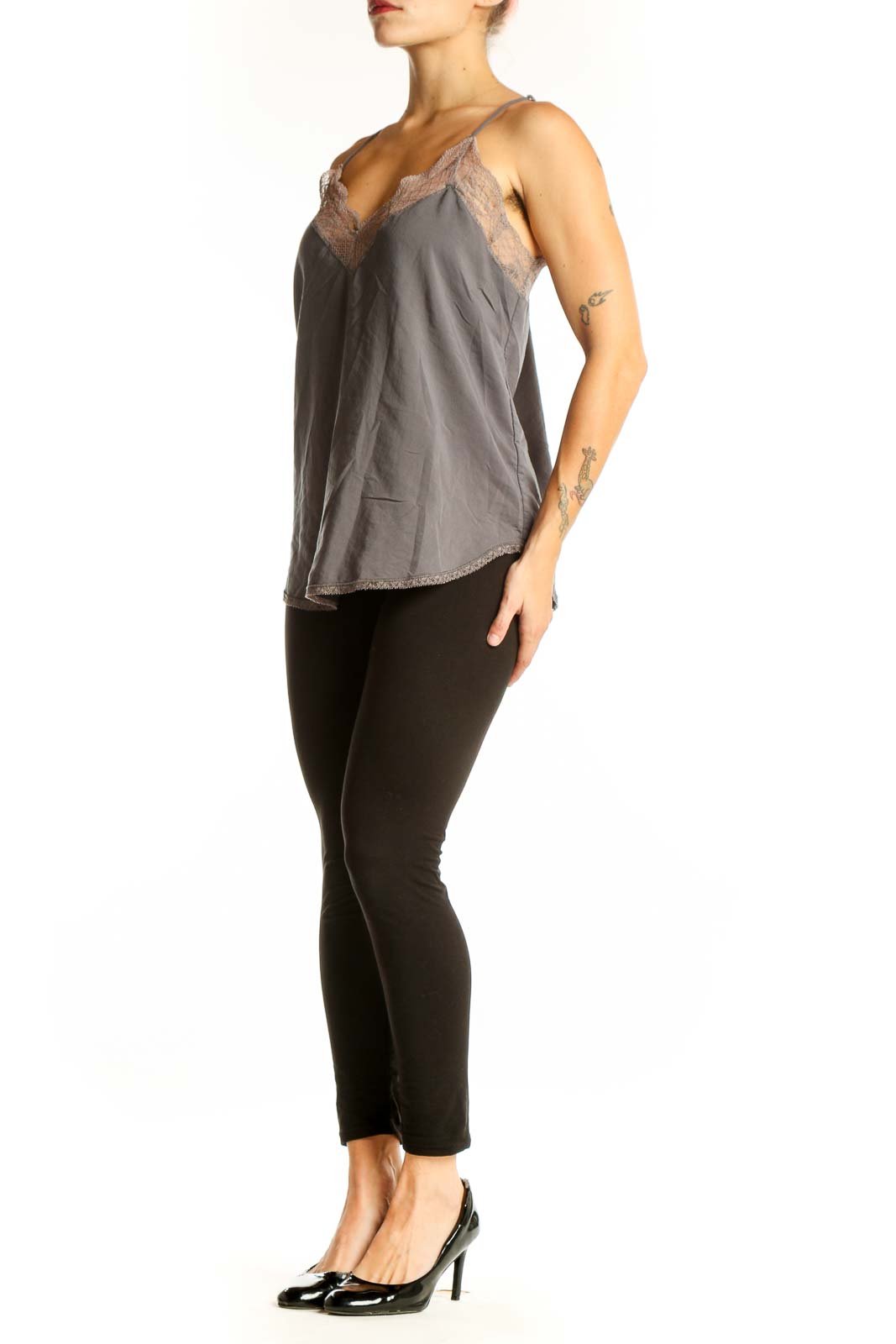 Front view of gray Lovestitch camisole top with lace trim