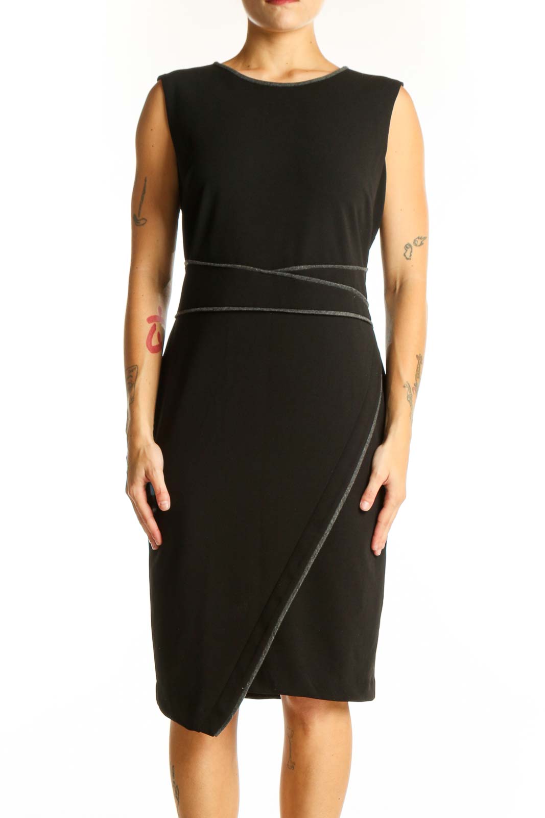 Front view of Tommy Hilfiger black asymmetric sheath dress with gray stitching