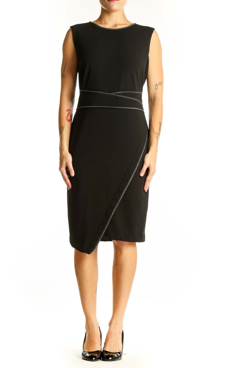 Front view of Tommy Hilfiger black asymmetric sheath dress with gray stitching