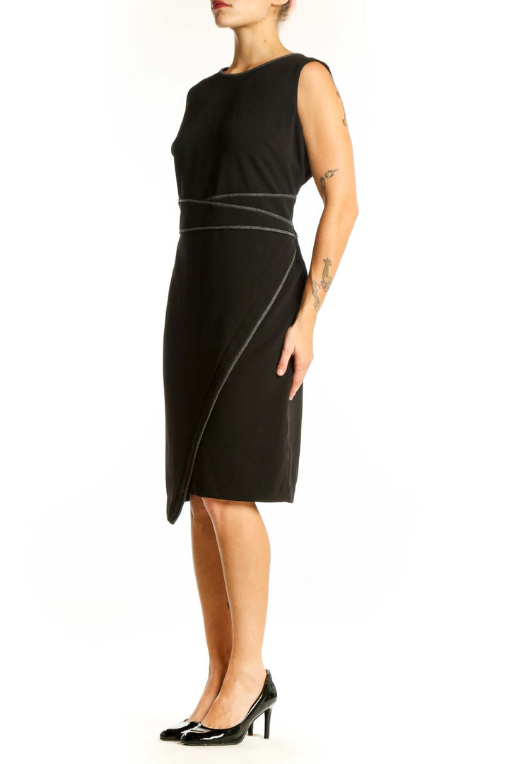 Front view of Tommy Hilfiger black asymmetric sheath dress with gray stitching