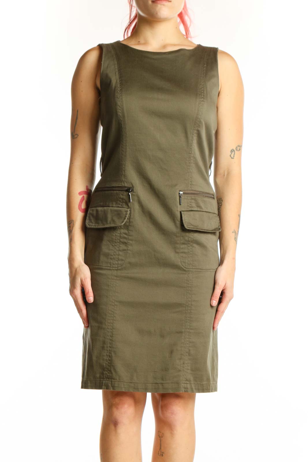 Olive Cargo Pocket Sleeveless Dress