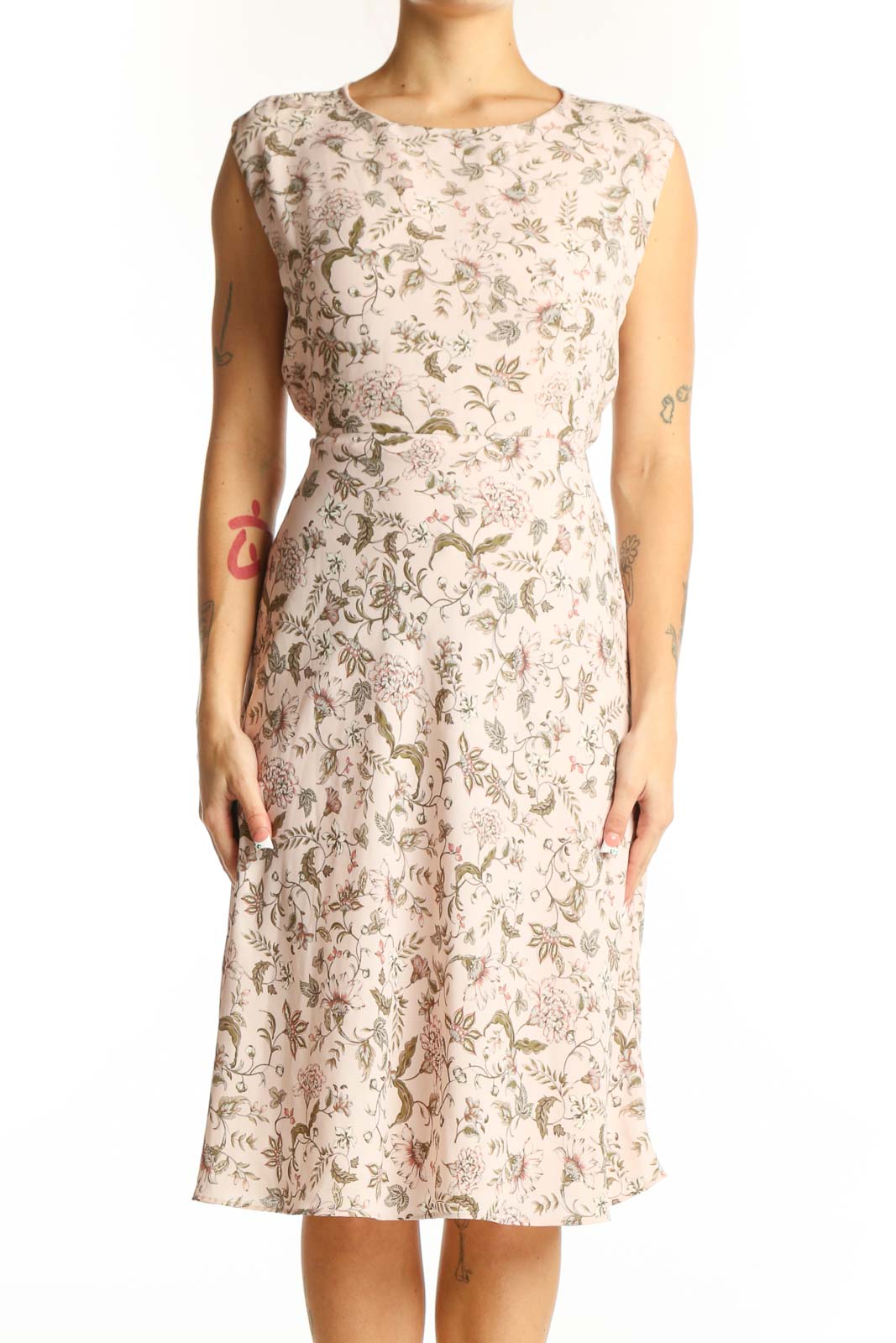 Front view of Lauren Ralph Lauren beige floral print sleeveless midi dress