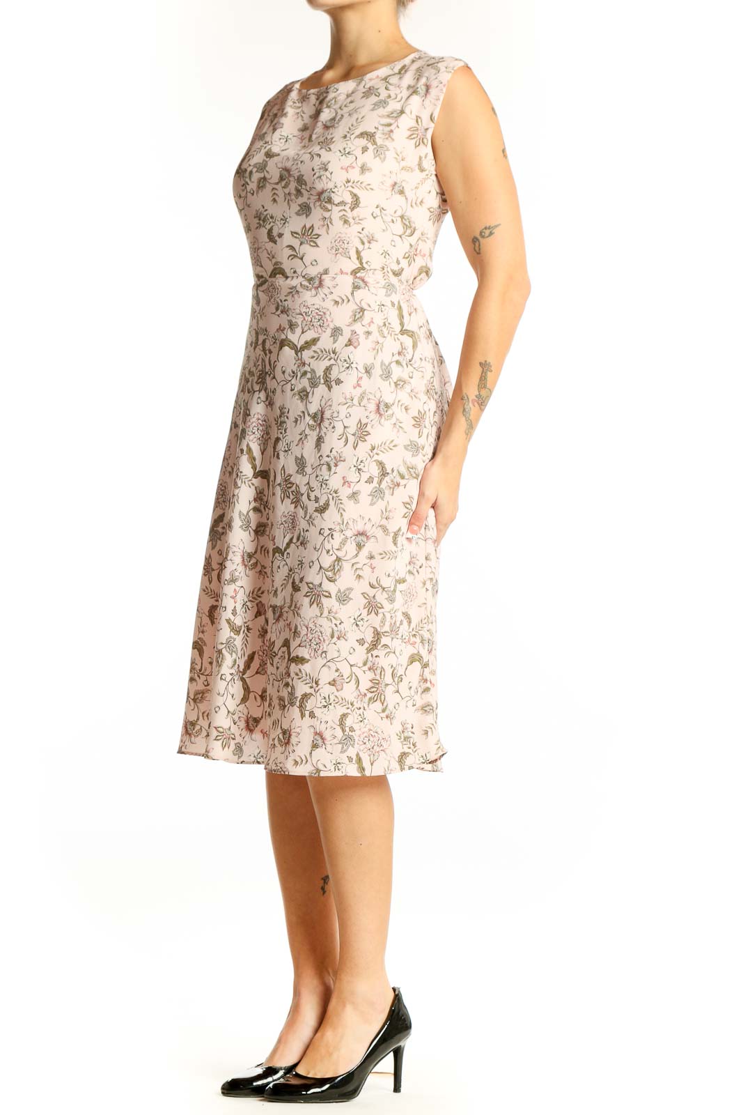 Front view of Lauren Ralph Lauren beige floral print sleeveless midi dress
