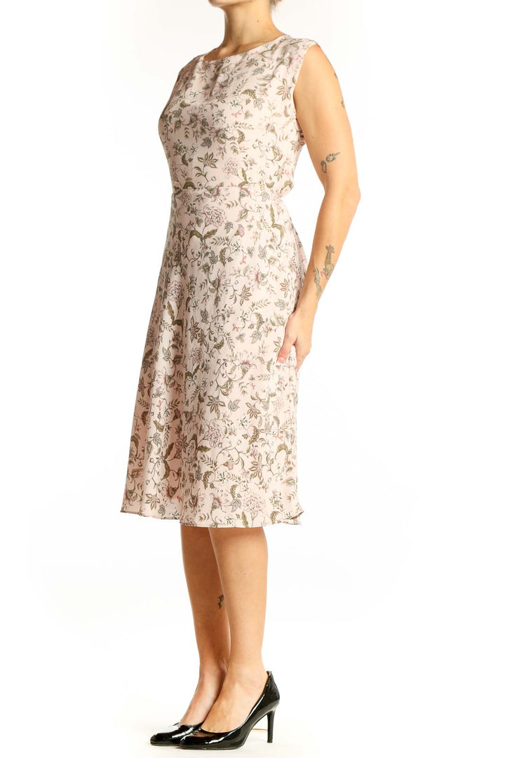 Front view of Lauren Ralph Lauren beige floral print sleeveless midi dress