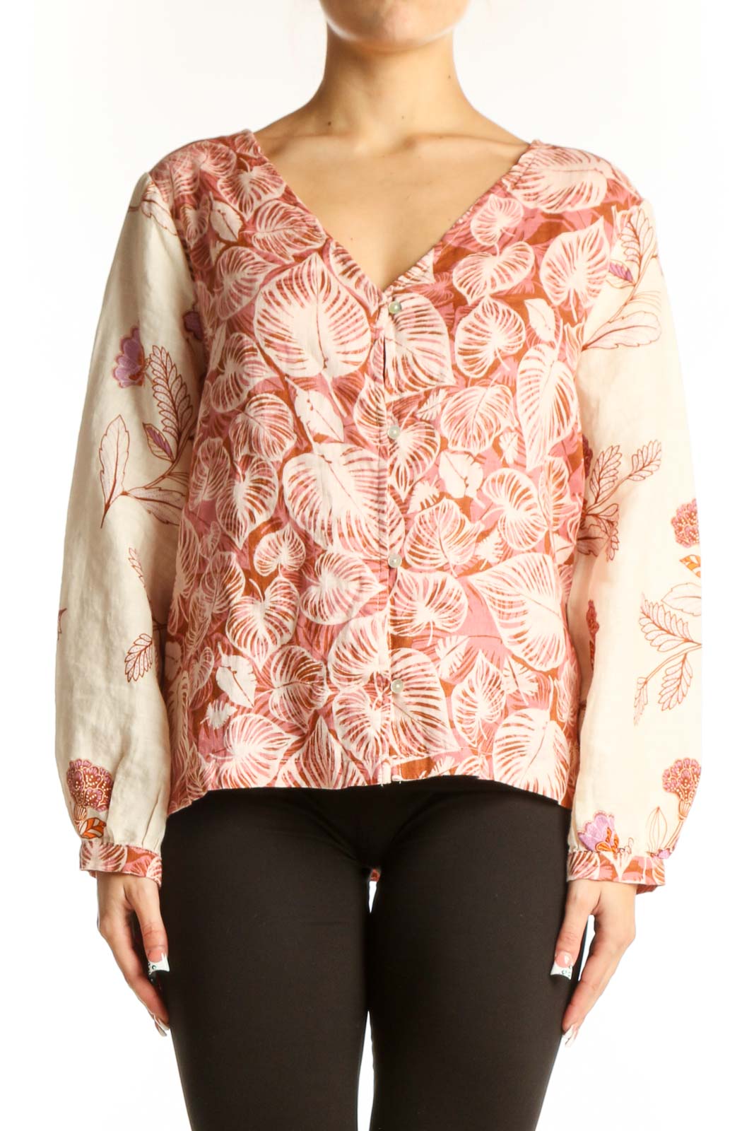 Front view of Tahari pink floral linen blouse with V-neckline