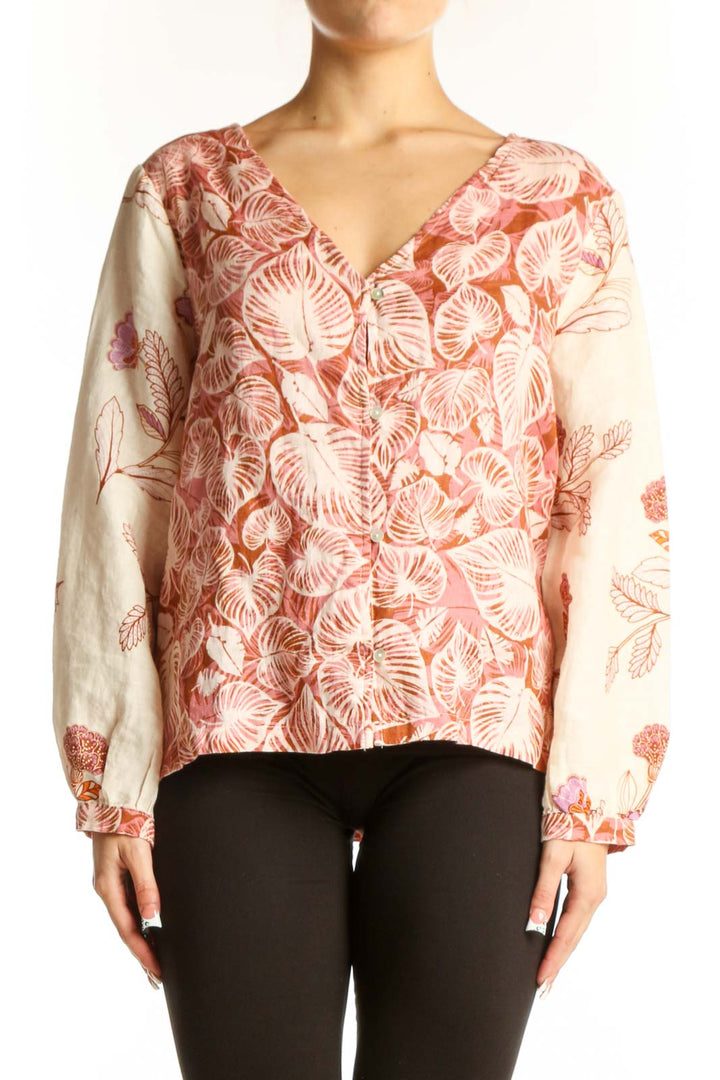 Front view of Tahari pink floral linen blouse with V-neckline